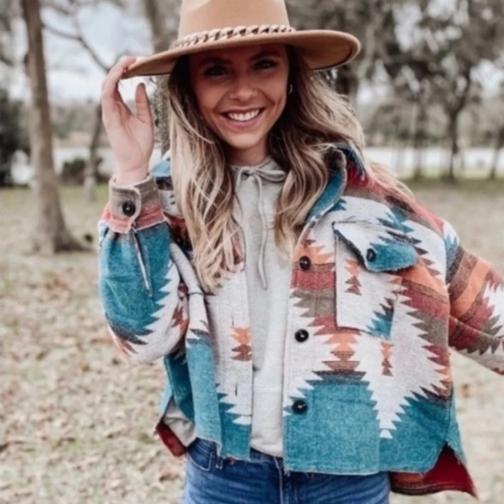 New Western Farmhouse Distressed Flannel Jacket Coat Shacket Button Top Blue Red - Picture 4 of 11